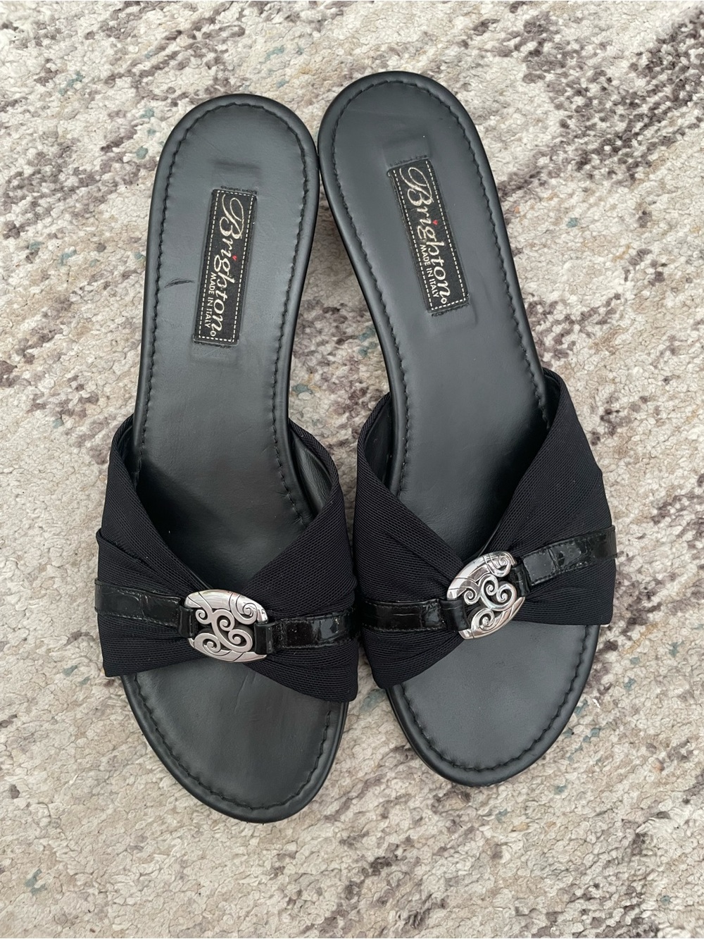 Brighton Lexi Black Slide Sandals with Decorative Silver Accent